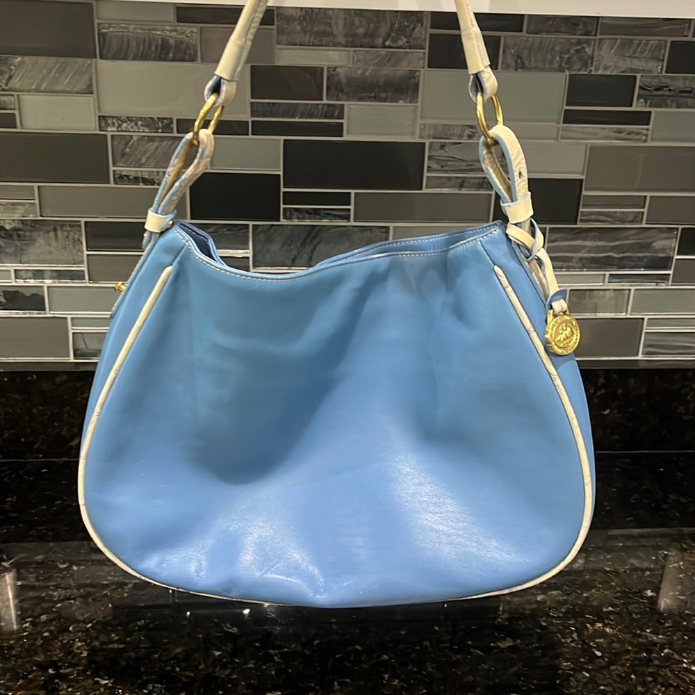 Brahmin Leather Embossed Handle Shoulder Bag Kennedy Blue Cream